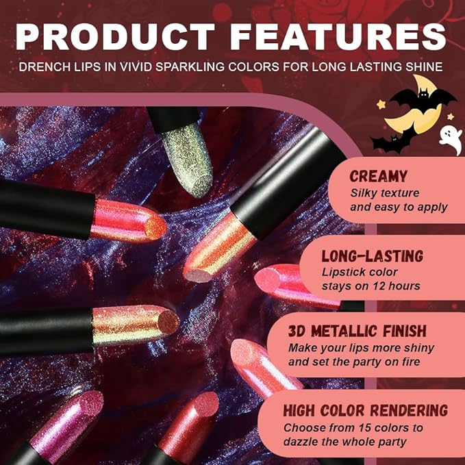 Kaely Glitter Metallic Lipstick, Shimmer Metallic Lipsticks for Women, High Pigmented Lip Gloss Long Lasting Waterproof Smudge Proof, Halloween Makeup, Vegan & Cruelty-Free, 11