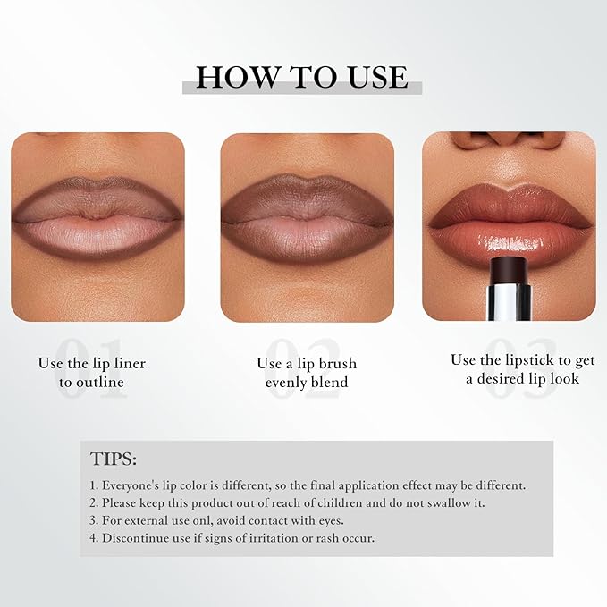 Tinted Lip Balm Brown Lip Liner Set, Hydrating Formula Black Lipstick for Women, Matte Lip Liner and Lipstick Combo Natural Glossy Finish Makeup Lip Care Balm for Repairing Dry Lips