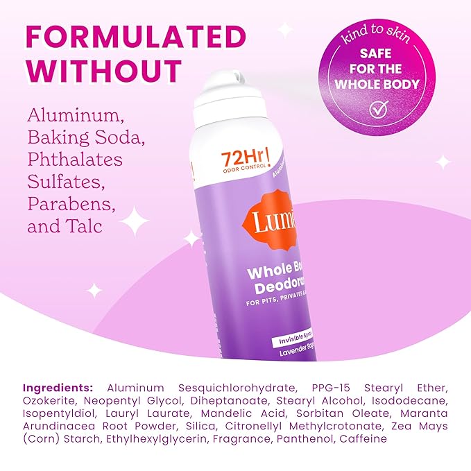 Lume Invisible Spray Deodorant For Women - Whole Body Deodorant Spray - 72 Hr Odor Control - Ozone Friendly, Natural Propellant - Aluminum & Baking Soda Free, Skin Loving - 3.6 ounce (Lavender Sage)