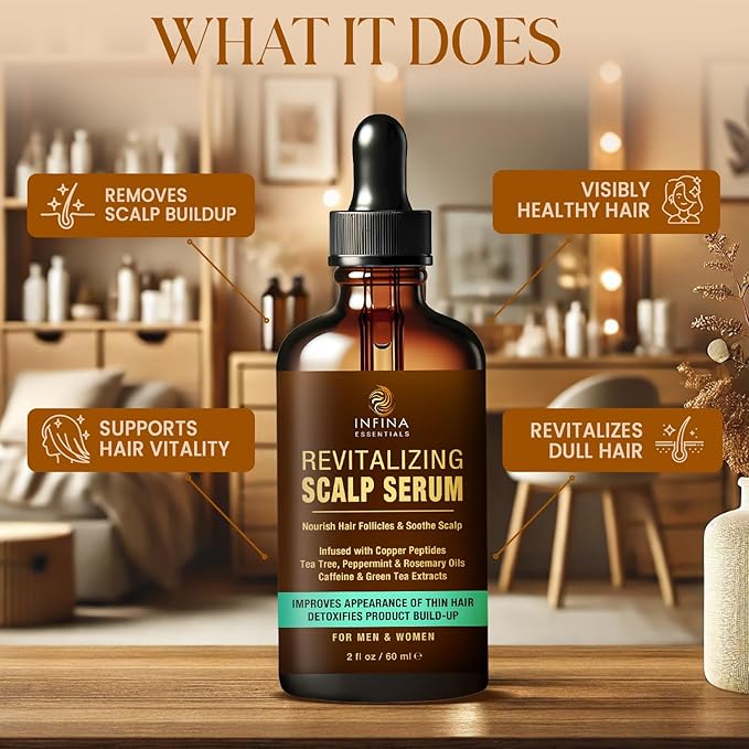 Revitalizing Scalp Serum for Hair Growth with Copper Peptides, Caffeine & Tea Tree Oil - Nourishing Scalp Oil for Itchy Dry Scalp, Detoxifies Build-Up, Deep Hydration for All Hair Types, 2 fl oz