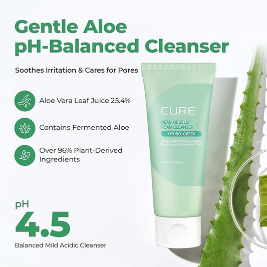 CURE Aloe Vera Foam Cleanser – Hydrating Gentle Korean Face Wash with Aloe & Centella for Sensitive Skin, Pore Care & Deep Cleansing, 3.38 fl oz