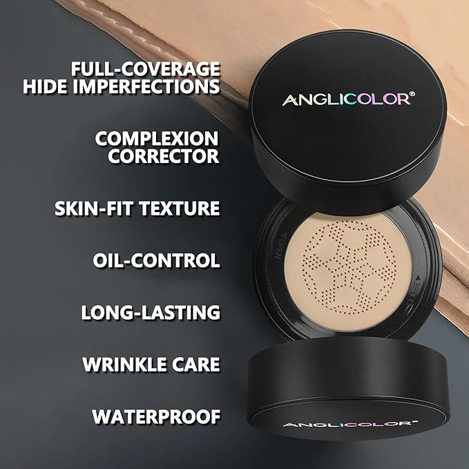 Anglicolor Mushroom Head Air Cushion CC Cream Strong Concealer 2PC,Face Makeup Cushion Foundation Long Lasting,Moisturizing BB Cream Makeup Base Primer Even Skin Tone for All Skin Types (2PC02)
