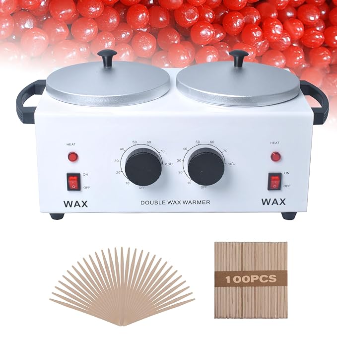Wax Warmer Double Pot, Professional Electric Heater for Facial, Body, Spa, and Salon, 1.2L Dual Adjustable Temperature with 100 Wooden Craft Sticks, Hair Removal