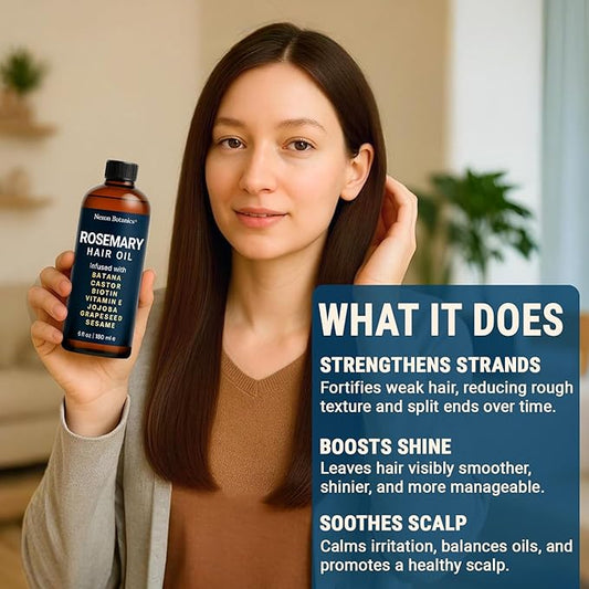 Rosemary Oil for Hair Growth 6 fl oz - Natural Scalp and Hair Oil with Batana, Castor, Biotin, Vitamin E, Grapeseed, Jojoba, Sesame - Aceite de Romero y Batana - Nexon Botanics