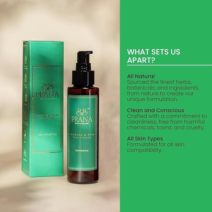 PRANA Rose & Jasmine Facial Cleanser - Natural Face Wash with Ayurvedic Ingredients, Jojoba & Rose Oil, Jasmine Oil & Cucumber - Anti-Aging & Brightening Face Wash - Vegan, Cruelty-Free - 100ml