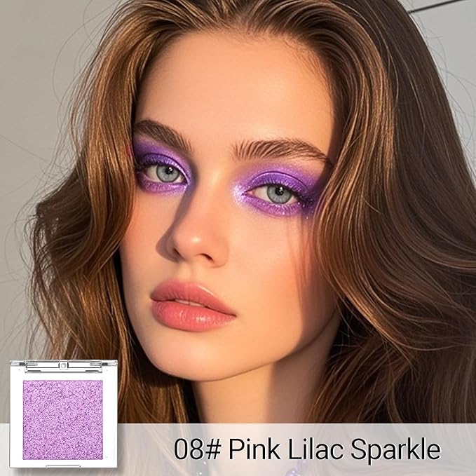 Erinde Glitter Shimmer Sparkle Eyeshadow Palette, Pink Purple Glitter Sparkle Eye Shadow Makeup, Single Monochrome Long-Lasting Eye Makeup, Smooth Formula Vegan & Cruelty-Free, C08 Pink Lilac Sparkle
