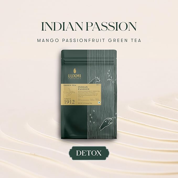 Luxmi Estates Indian Passion Organic Mango Passion Fruit Green Tea (50 Tea Bags) Mildly Caffeinated Tea Bags For Detox, Cleansing, and Digestion, With Certified Organic Darjeeling Makaibari Green Tea