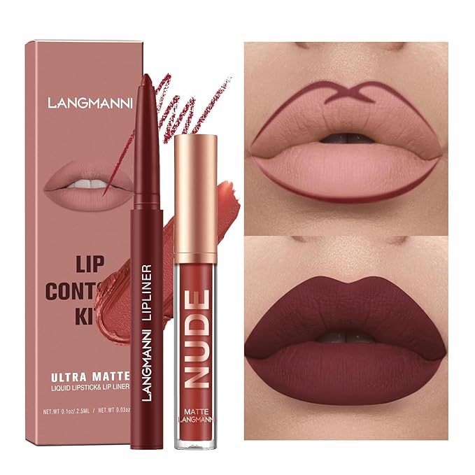 LANGMANNI 4pcs Matte Lipstick with Lipliners Durable Makeup Set,Long-Lasting Non-Stick Cup Not Fade Waterproof Pigmented Velvet Lipgloss Kit Beauty Cosmetics Makeup Gift for Girls(#3+4+6+12)