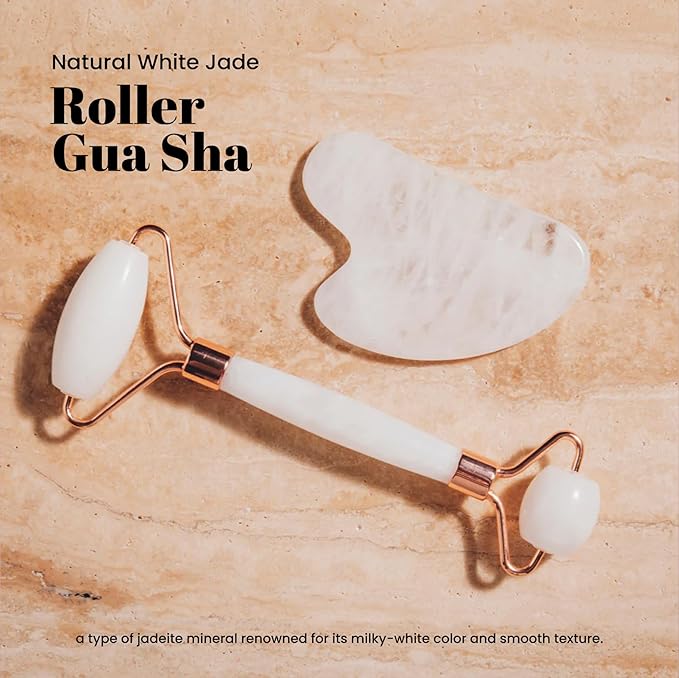 ROSELYNBOUTIQUE Gua Sha Facial Tools & Face Roller Original Face Massager for Puffiness Wrinkless Skin Care Routine - Self Care Gift for Men Women (White Jade)