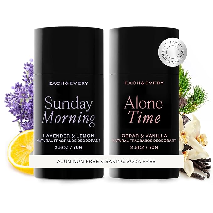 Each & Every Aluminum Free Deodorant for Women & Men, Lavender & Lemon + Cedar & Vanilla - All Natural Deodorant for Sensitive Skin, EWG Verified - Clean, Baking Soda-Free, Plant-Based - 2.5oz, 2 Pack