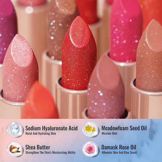 Oulac Moisture Red Lipstick Set 3PCS - Infinity High Shine Finish, Hydrating Vegan Lipstick Infused with Damask Rose Oil for All-Day Comfort, Gluten-Free, PG02+PG14+D03