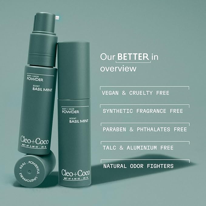 Cleo + Coco. Deodorant Powder for Body and Hair, Basil Mint (0.88 oz), 2-in-1 Deo Powder & Dry Shampoo for Women & Men, Aluminum Free Deodorant, Talc-Free, Anti Chafe Protector, Travel-Size