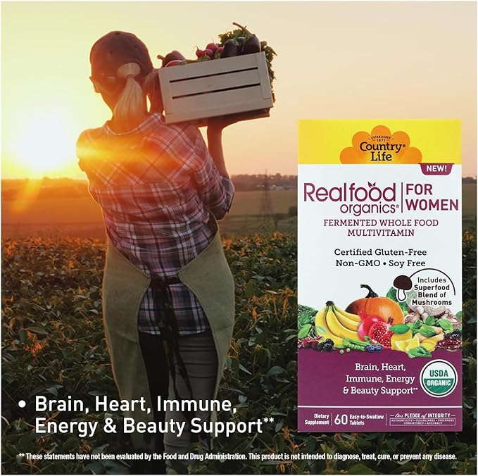 Country Life Realfood Organics Women’s Multivitamin – USDA Organic, Vegan, Gluten-Free – 1,300mg Fermented Whole Foods, Vitamins D, E, B, Folate & Biotin – Daily Energy & Beauty – 60 Tablets