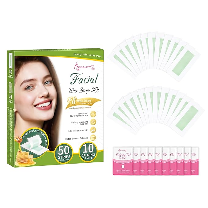 Beauty7 Facial Wax Strips-Eyebrow Wax Strips-50 Waxing Strips for Face, Lip,10 Calming Oil Wipes, Ready Use At Home Waxing Kit for All Skin Types