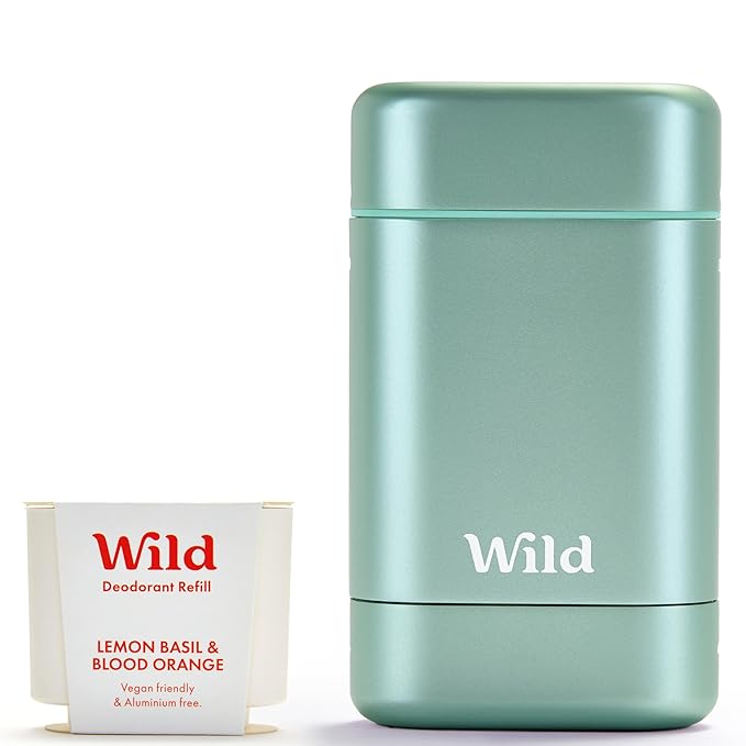 Wild - Refillable Deodorant Starter Kit with Aqua Case and Lemon Basil & Blood Orange Scented Refill 1.4oz - Aluminum Free - Long Lasting Protection - Vegan