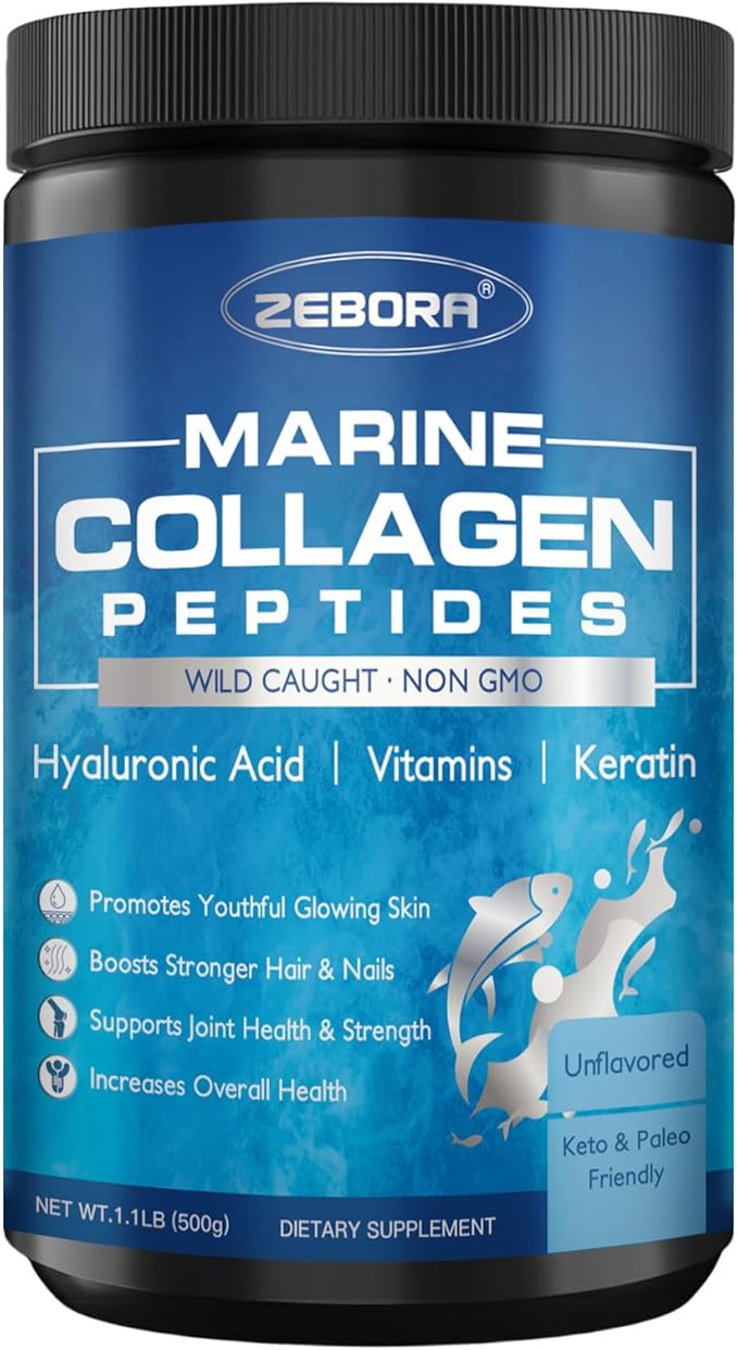 ZEBORA Marine Collagen Peptides Powder 50 Servings - Wild Caught Hydrolyzed Fish Collagen with Hyaluronic Acid, Keratin, Multivitamins - Collagen for Women Support Skin Hair Nail Joint, Keto Friendly