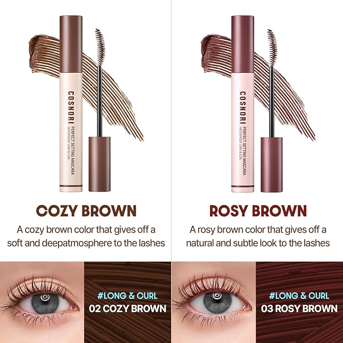COSNORI Perfect Setting Waterproof Mascara Long&Curl 03 Rosy Brown – Long Lasting Smudge - Red Brown Mascara - Perfect for Auburn Hair & Hazel Eyes - K beauty - 0.23fl oz (7ml)