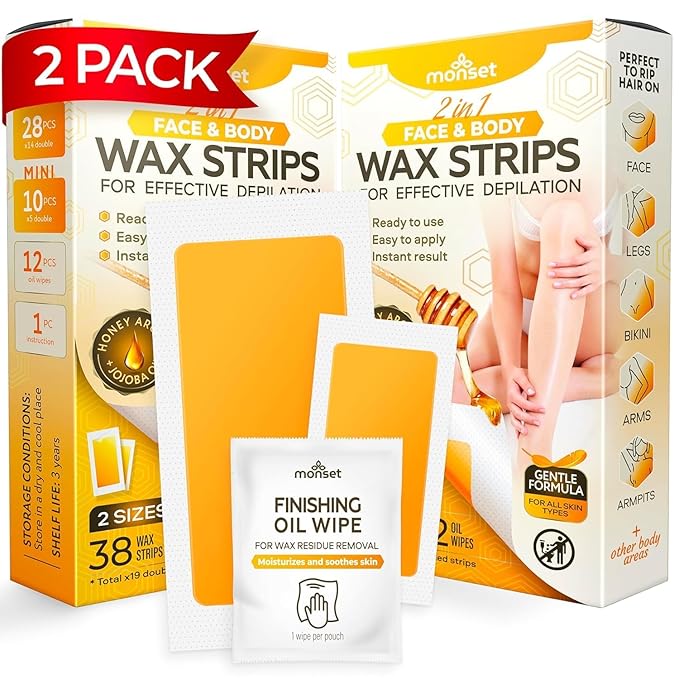 Wax Strips 76 Count – 56 Body Strips, 20 for Face and 24 Finish Wipes – Body and Facial Hair Removal for Women and Men – Hair Remover Wax Kit for Upper Lip, Legs, Underarms – 2 Pack
