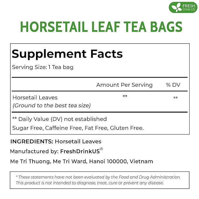 FreshDrinkUS, Premium 55 Horsetail Leaf Tea Bags, 100% Natural & Pure from Horsetail Loose Leaves Herbal Tea. Made with Natural Material Tea Bags. No Sugar, No Caffeine, No Gluten, Vegan.