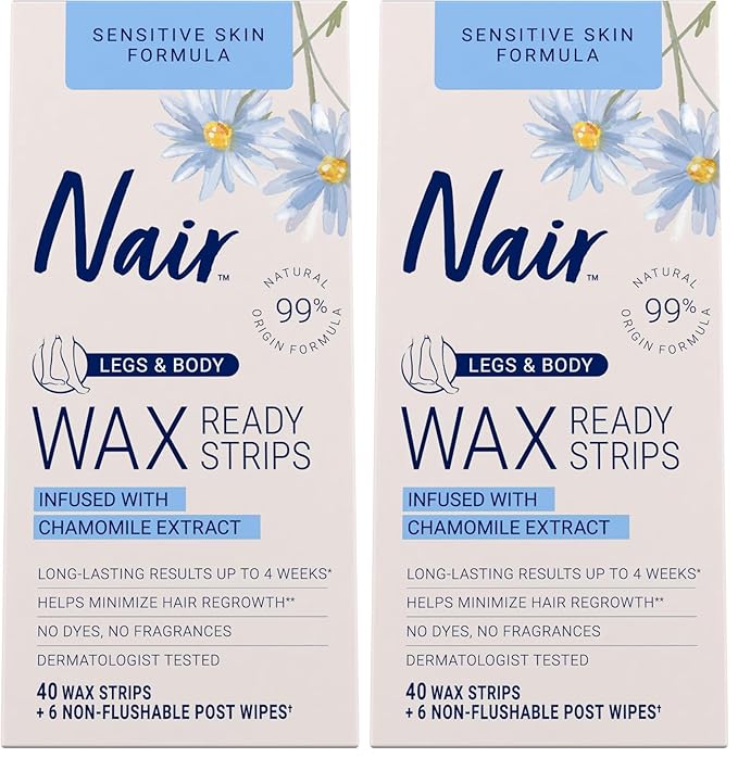 Nair Sensitive Hair Remover Mess-Free Wax Ready Strips, Legs and Body Easy Hair Removal Wax Strips for Sensitive Skin, Chamomile Extract, Dermatologist Tested, Plus 6 Post Wipes, 40 Count (Pack of 2)