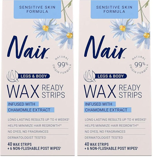 Nair Sensitive Hair Remover Mess-Free Wax Ready Strips, Legs and Body Easy Hair Removal Wax Strips for Sensitive Skin, Chamomile Extract, Dermatologist Tested, Plus 6 Post Wipes, 40 Count (Pack of 2)