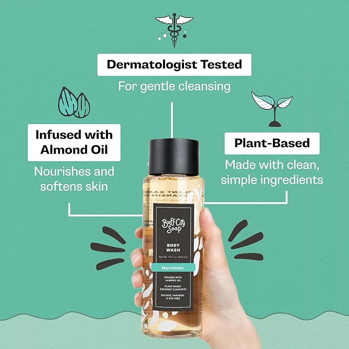 Buff City Soap Plant-Based Body Wash - Coconut Cleansers & Almond Oil Infused. Gentle & Rich Non-Drying Lather. Helps Reduce Moisture Loss & Supports Natural Skin Barrier - Narcissist, 12 floz