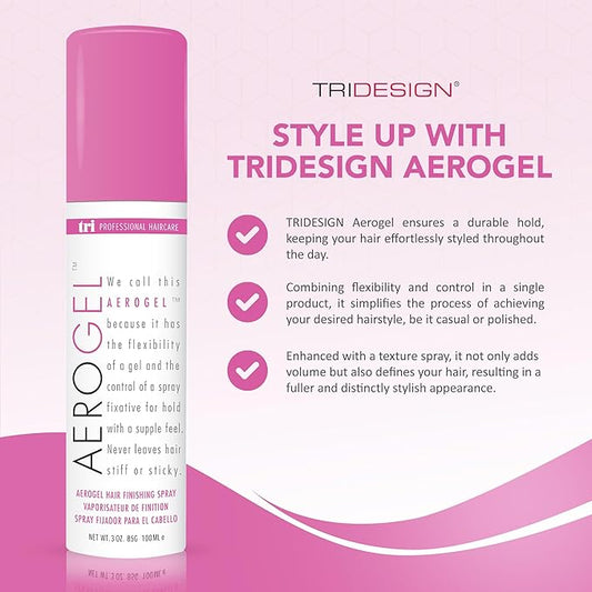 TRIDESIGN Aerogel Hairspray - Strong Hold Hair Finishing Spray for Volumizing & Control, Flexible Styling for All Hair Types, Non-Sticky and Scented - For Women and Men - Travel Size Pack of 1 (3 Oz)