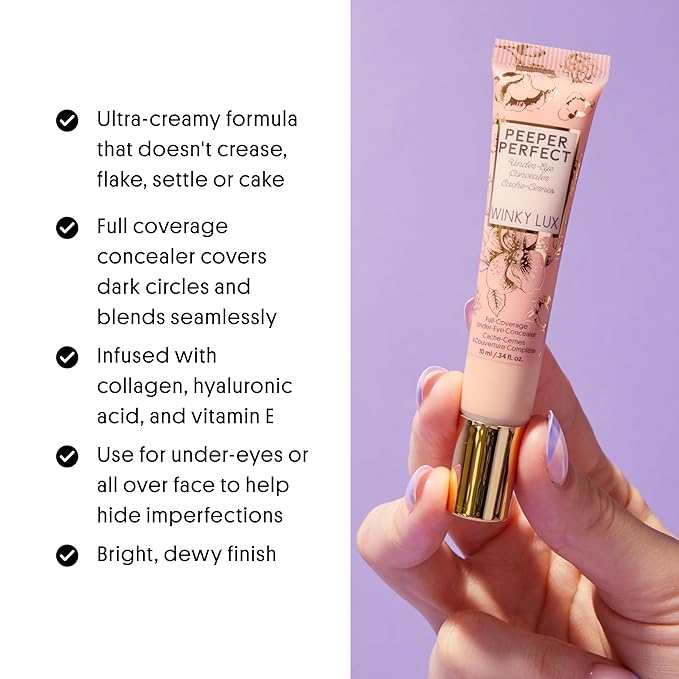 Winky Lux Peeper Perfect Under Eye Concealer, Makeup & Eye Brightener, Full Coverage Concealer for Dark Circles, Color Corrector & Eye Primer, With Collagen, Hyaluronic Acid & Vitamin E (Medium)