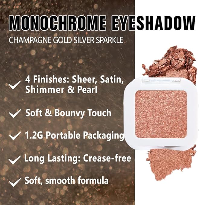 Champagne Gold Glitter Single Eyeshadow, Nude Gold Pink Shimmer Cream-to-Powder Eye Shadow, High Pigment Long-Lasting Waterproof Monochrome Mini Eyeshadow for Daily Makeup & Gifts #01