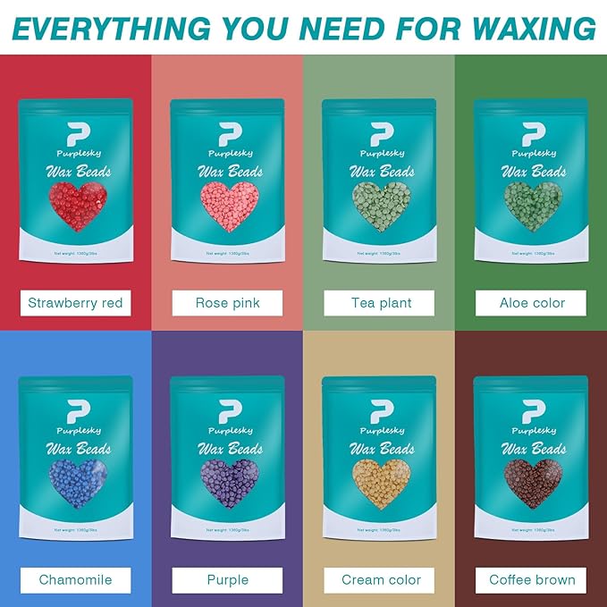 PURPESKY Wax Beads Bulk, 2.4lbs Hard Waxing Beans for Hair Removal, Brazilian Coarse Wax for Face, Leg, Bikini, Home Waxing Kit with Collapsible Bowl/Pot & Collapsible Bowl (Cream)