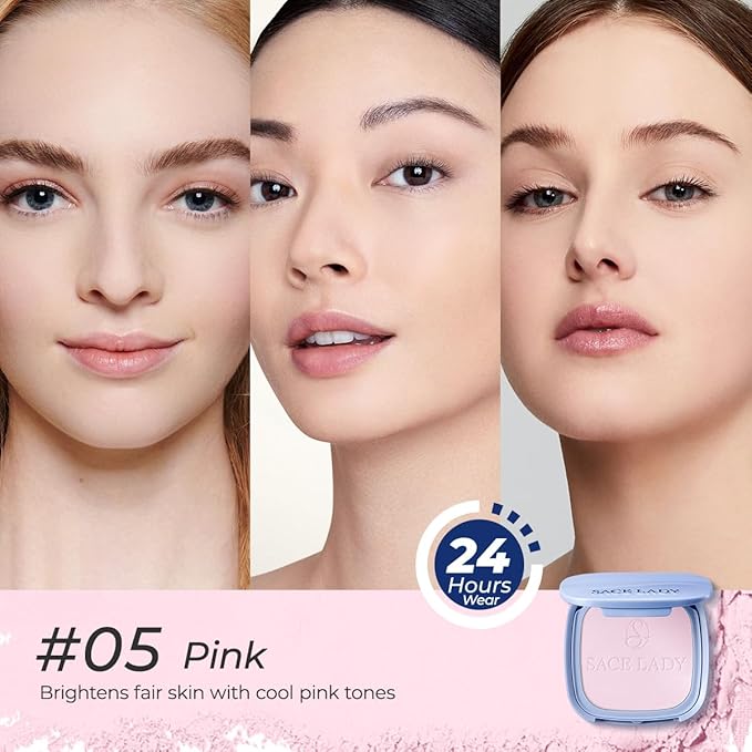 SACE LADY Face Powder Waterproof Setting Makeup, Talc-Free Oil Control Pressed Powder Compact for Women, Blurring Pores Matte Long Lasting Up to 24 Hours, Cruelty-Free (#05 Pink, 0.35Oz)