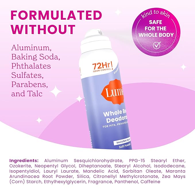 Lume Invisible Spray Deodorant For Women - Whole Body Deodorant Spray - 72 Hr Odor Control - Ozone Friendly, Natural Propellant - Aluminum & Baking Soda Free, Skin Loving - 3.6 ounce (Soft Powder)