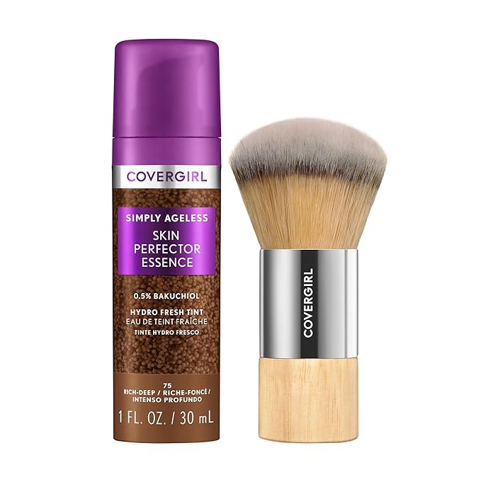 CoverGirl Simply Ageless 75 Rich-Deep Liquid Foundation Bundle with Blending Brush, Lightweight Vegan Formula for Dry Skin, 1oz