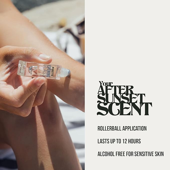 PIRETTE Mini Evening Glass Fragrance Oil Roll On, Beach-Inspired, Long Lasting Perfume Oil with Notes of Dark Coconut, Warm Wood, Smoky Vanilla, and Sea Salt, Travel Size Perfume, 0.25 fl oz