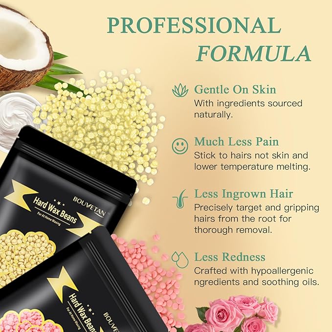 Wax Beads for Hair Removal, Bouvetan 1.3Lb/21oz Hard Wax Beans for Brazilian Waxing, Hard Wax for Eyebrow, Face, Bikini, Legs, Body for Women Men Hair Removal with 10pcs Sticks, 6 Packs
