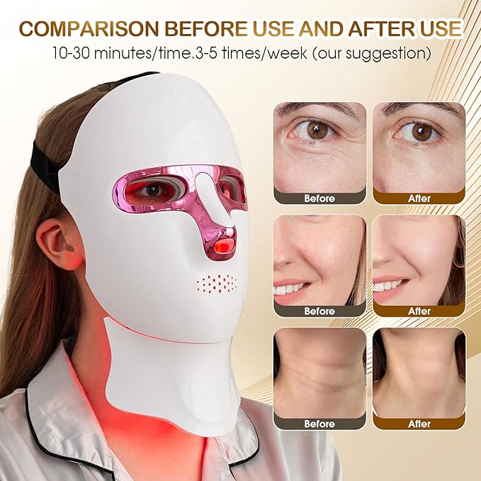 Red Light Therapy Mask & Neck – 7-Color LED Face & Neck Light Therapy, Cordless & Rechargeable, Ergonomic Design, Portable Skincare Set for Anti-Aging, Skin Brightening, and Rejuvenation