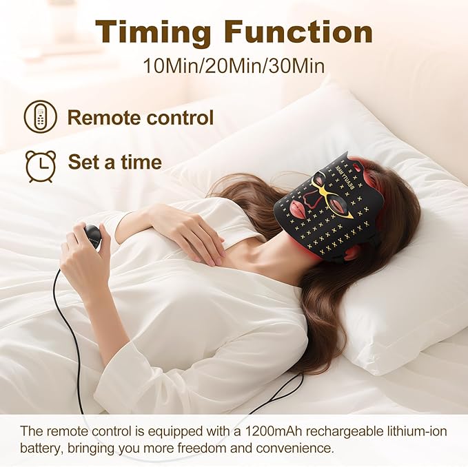 Red Light Therapy for Face, Portable Led Face Mask Light Therapy with Rechargeable Remote, 7 Light Mode with 850nm NIR, Red Light Therapy at Home (Black)