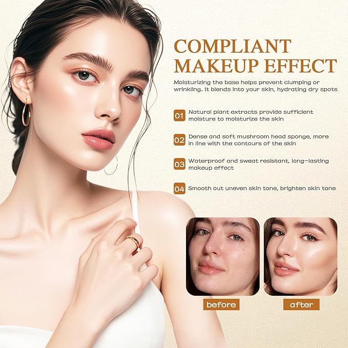 Mushroom Head Air Cushion CC Cream - BB Cream Face Makeup Foundation for Mature Skin Moisturizing Concealer Brighten Long-Lasting, Even Skin Tone for All Skin Types