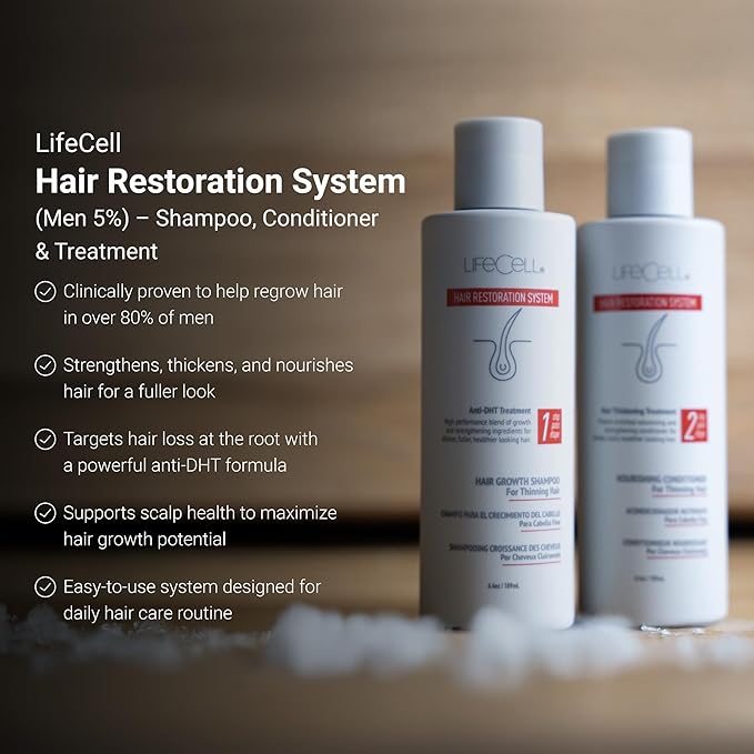 LifeCell Hair Restoration System for Men 5% – Hair Growth Treatment with Minoxidil, Anti-DHT Shampoo & Conditioner – Thicker, Fuller Hair – Supports Scalp Health & Hair Regrowth