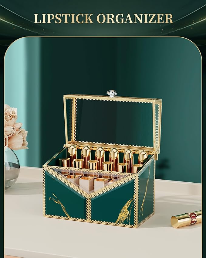 Glass Lipstick Organizer, 18-Slot Green Vanity Makeup Holder for Lipsticks & Nail Polish, Removable Dividers, Vintage Cosmetic Storage Display Box