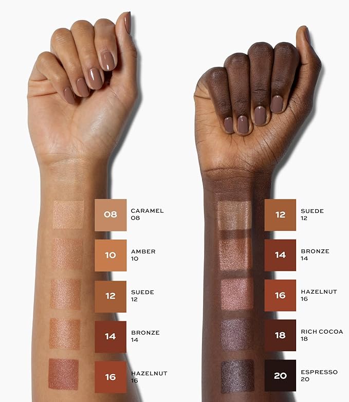 MAKE Beauty Diffusion Dew Skin Tint. Sheer to Medium Coverage Radiant Finish. Blurring, Smoothing, and Brightening for Glowing Complexion. Enhanced with Niacinamide and Adenosine. Espresso 20