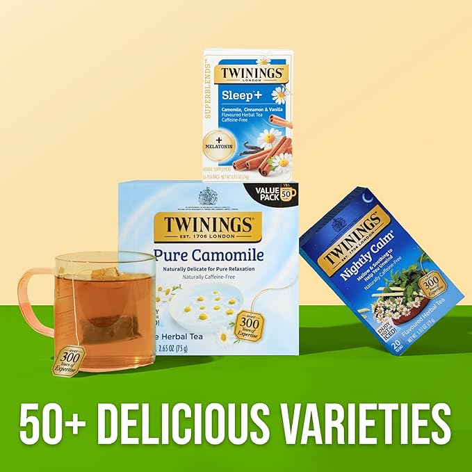Twinings Superblends Sleep+ Herbal Tea with 1mg Melatonin, Camomile, Cinnamon & Vanilla, Naturally Caffeine-Free, 16 Tea Bags (Pack of 6), 96 Teabags