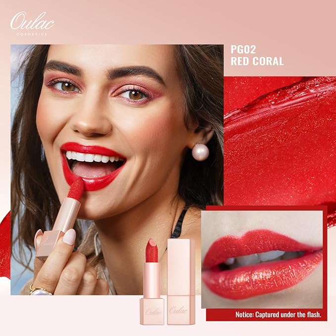 Oulac Moisture Red Lipstick Set 3PCS - Infinity High Shine Finish, Hydrating Vegan Lipstick Infused with Damask Rose Oil for All-Day Comfort, Gluten-Free, PG02+PG14+D03