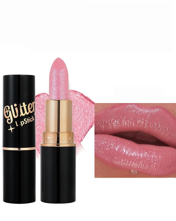 Nude Pink Metallic Glitter Lipstick Long Lasting, Diamond Shimmer Lip Gloss High Pigmented Lip Red Color Matte Lip Stick for Women, Sparkling Shiny Transfer Proof Non Stick Tinted Lip Balm Makeup-01