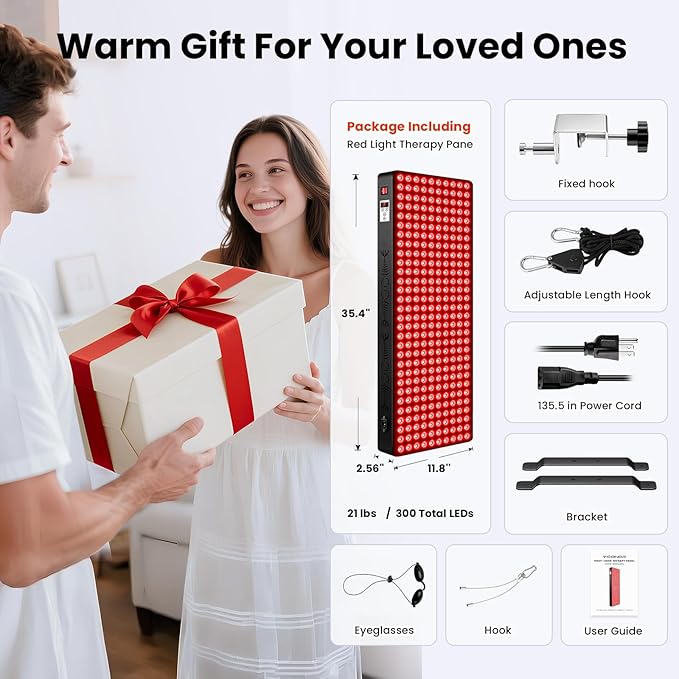 Red Light Therapy for Body, 660nm 850nm Near Infrared Light Therapy Panel, 300 Dual Chip LED Device with 1500W of Power, Ideal for Body, Face, Improve Sleep, Skin Health, Includes Hanging Kit & Handle