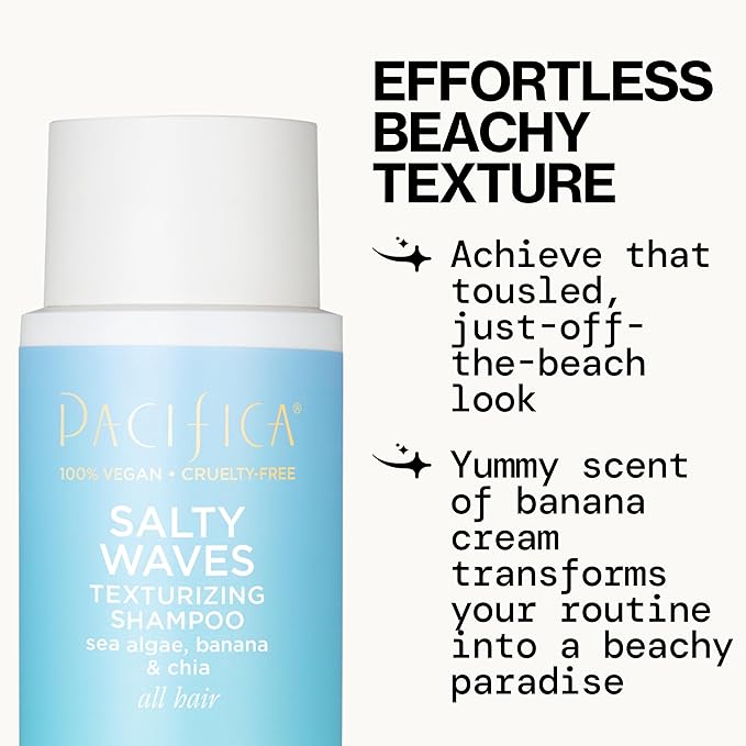 Pacifica Salty Waves Texturizing Shampoo - Beachy Textured, Messy Look, Hair Styles - Moisturizing Hair Care w/ Vitamin B & E - Banana Scent Clean Beauty Vegan & Cruelty-Free Dermatologist Tested