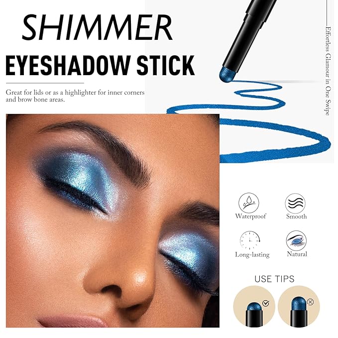 Blue Eyeshadow, Shimmer Glitter Cream Eye Shadow Stick Waterproof Long Lasting Neutral Smoky Eyeshadow Pencil Highlighter Makeup High Pigmented Blendable Eyeliner Pen for Women