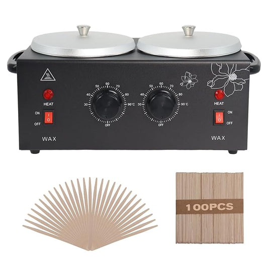 Wax Warmer Double Pot, Professional Electric Heater for Facial, Body, Spa, and Salon, 1.2L Dual Adjustable Temperature with 100 Wooden Craft Sticks, Hair Removal (Black)