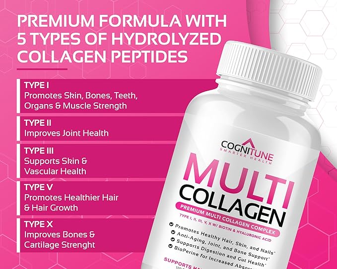 Multi Collagen for Women with Hyaluronic Acid, Vitamin C and Biotin, Collagen Protein Supplement with Types I, II, III, V, X Peptides for Healthy Hair, Skin, Nails and Joints, 120 Capsules