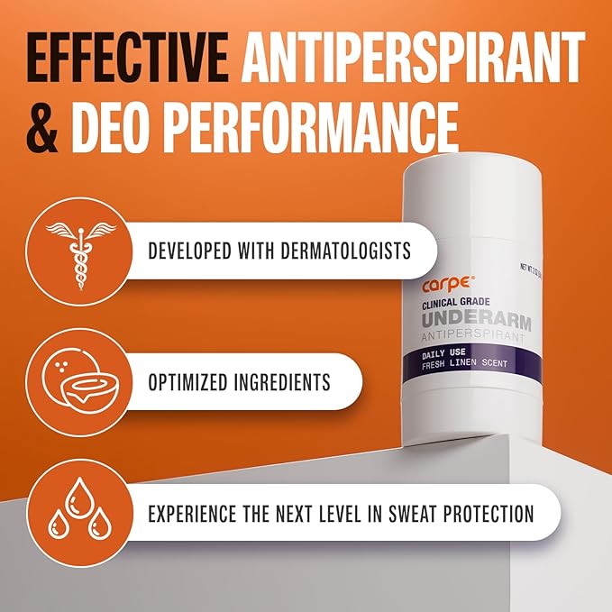 Carpe Clinical Strength Deodorant + Clinical Antiperspirant - Clinical Grade Solid Stick - Fresh Linen Scent - Combat Excessive Underarm Sweating - Great for Hyperhidrosis